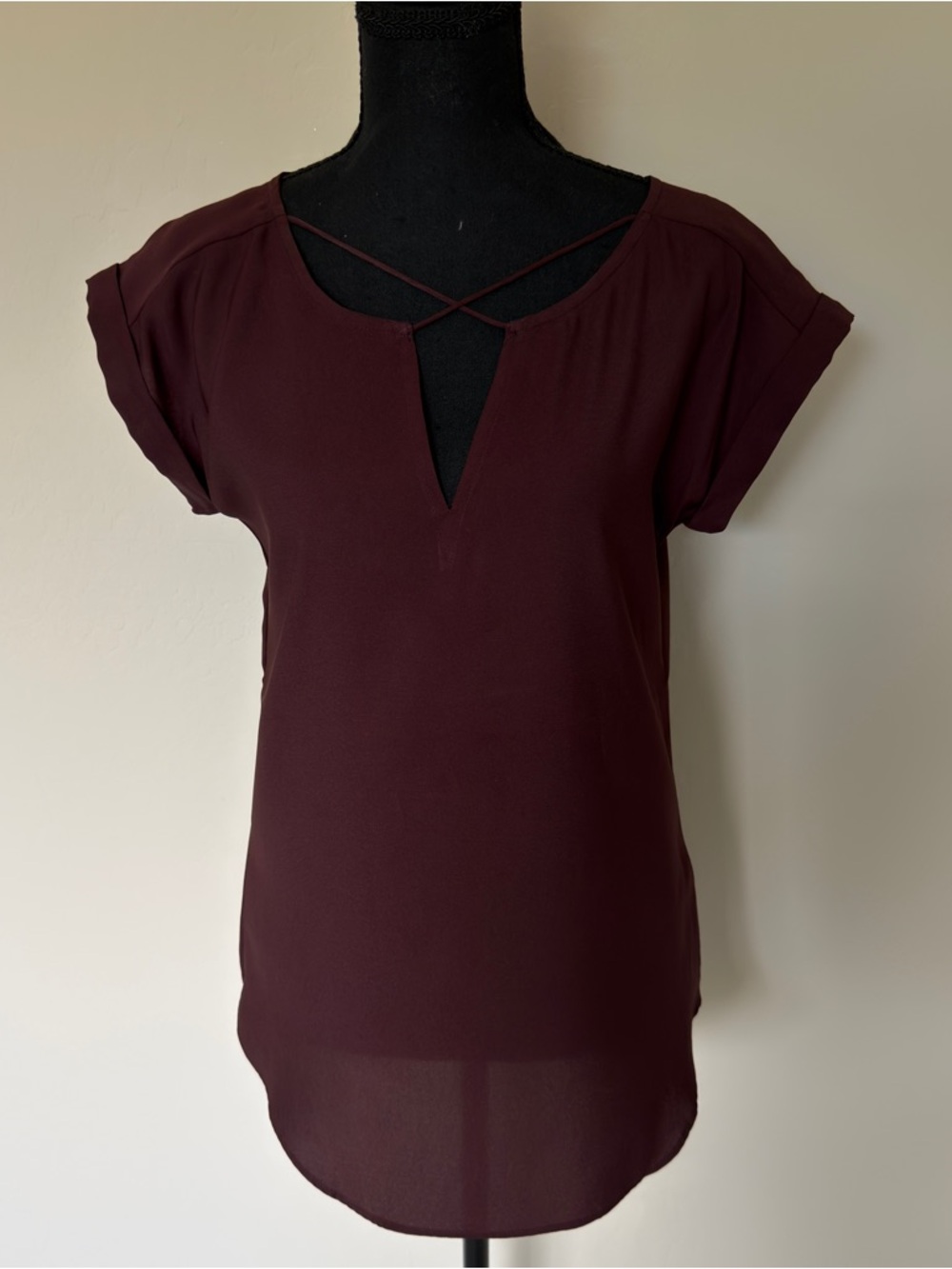 Express Burgundy Crisscross Neck Short Sleeve Blouse